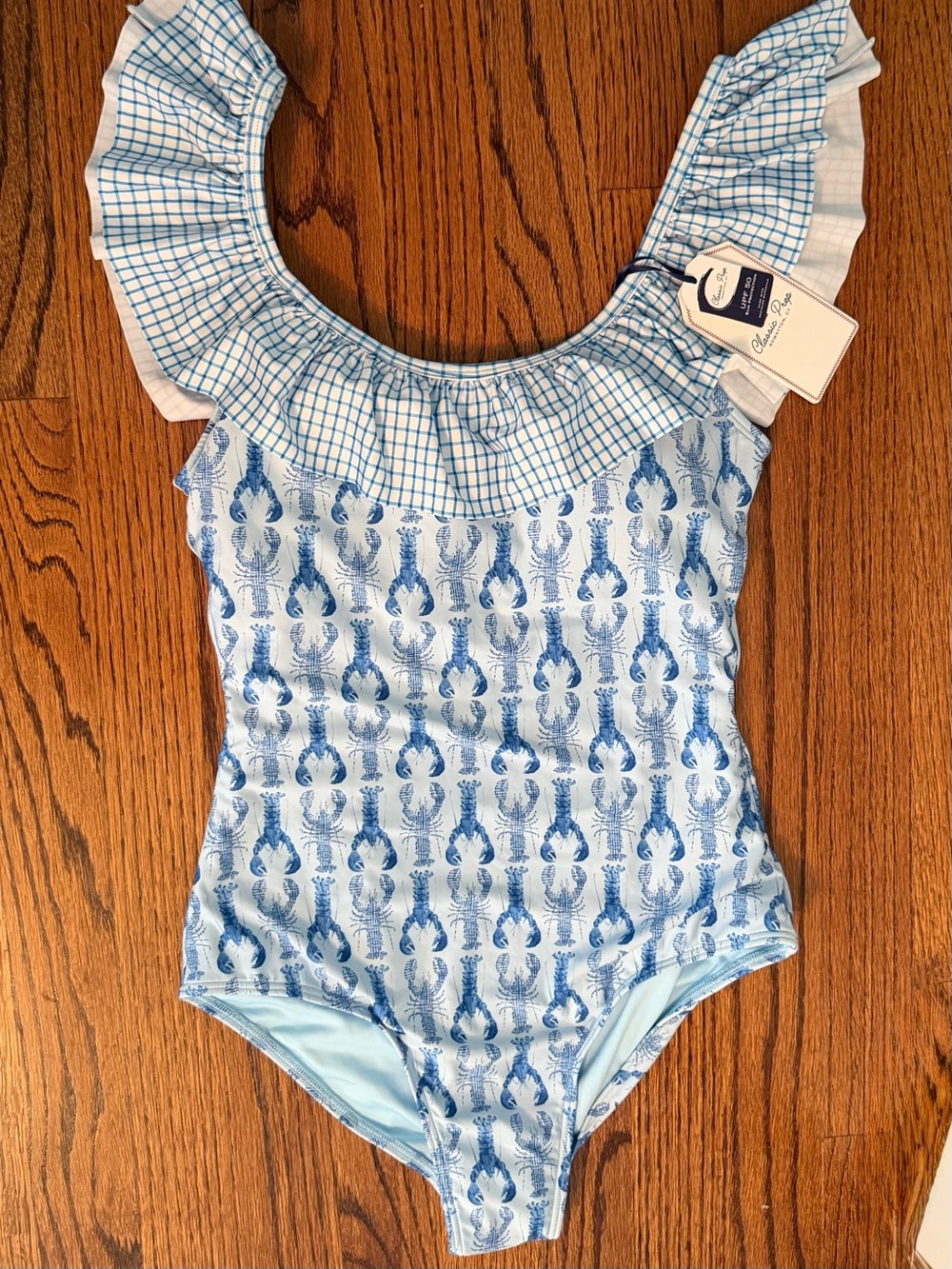 Classic Prep - Light Blue Ruffle Women’s One-Piece Swimsuit with Lobster Print